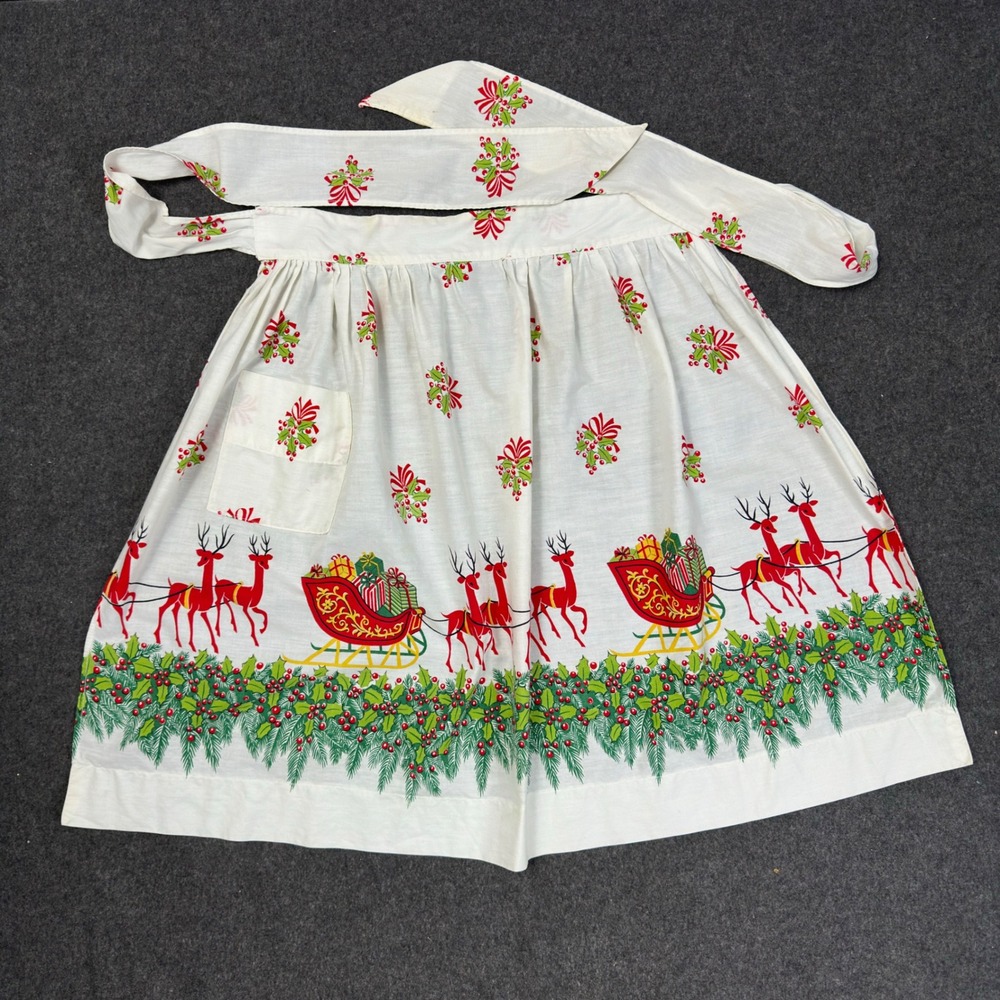 Vintage Christmas Half Apron Santa Sleigh Reindeer Holly White Cotton Pocket
